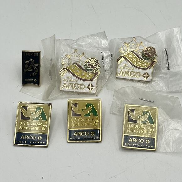 Lot 6 Arco Fuel Station Pins Gas Lapel Hat Collectors 94 Rose Parade 91 Olympics - Picture 1 of 5